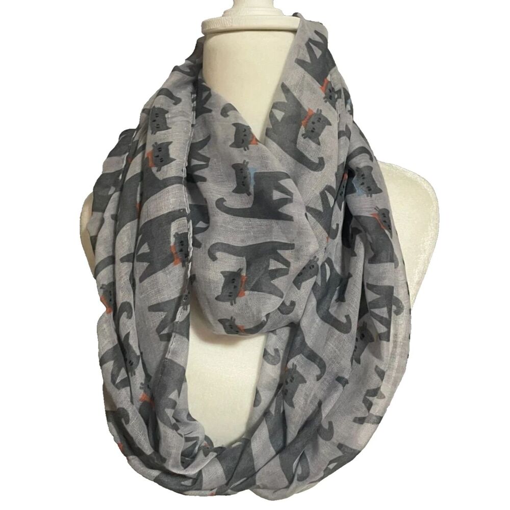 Alina Gray Cat Print Infinity Scarf Lightweight Sheer Polyester Loop